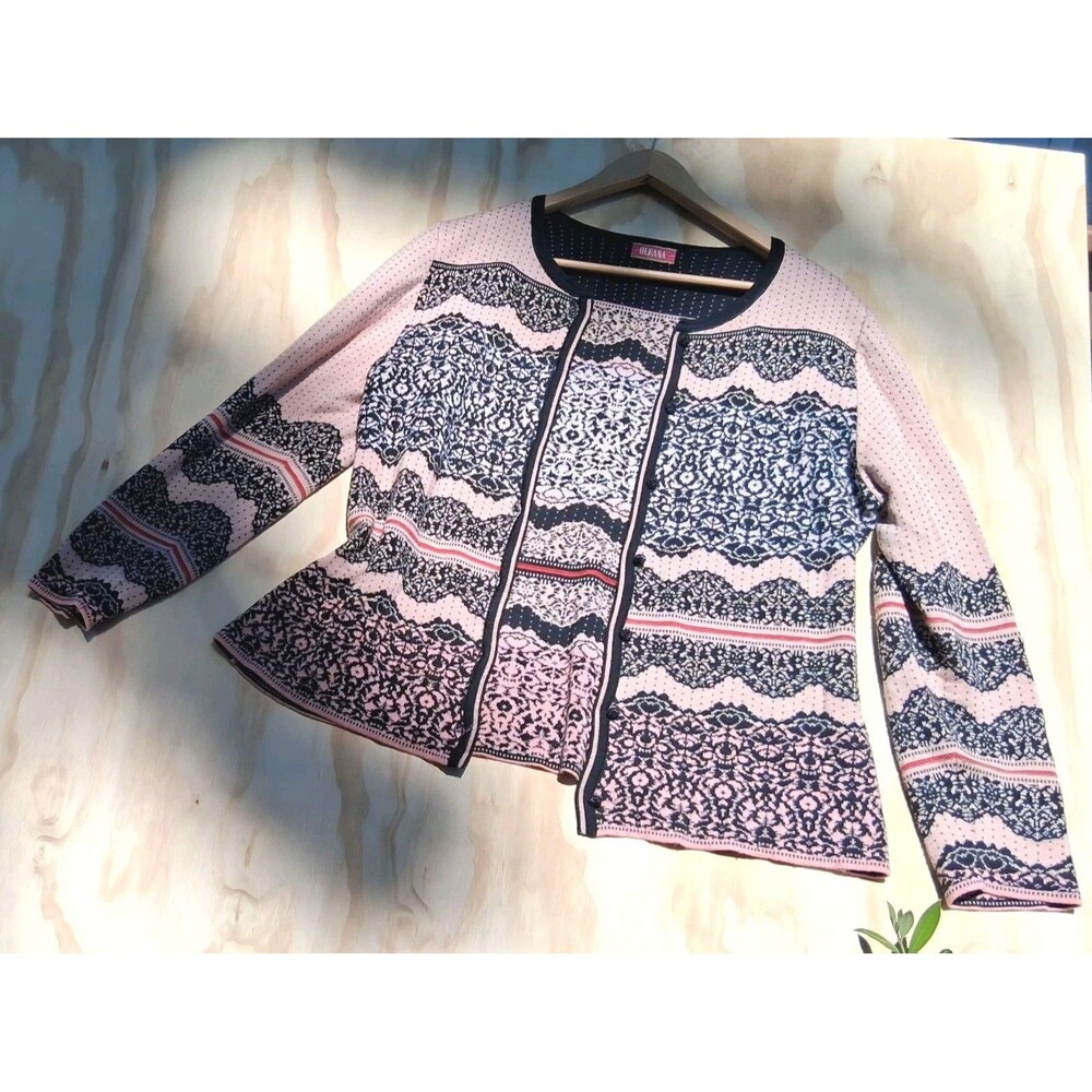 Oleana Norwegian Silk Merino Wool Cardigan Sweater Pink Black Nordic Knit XL - Picture 2 of 9